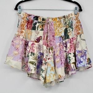 Zara Floral Flowy Smocked Shorts Pull On Beaded Drawstring Linen Blend Large